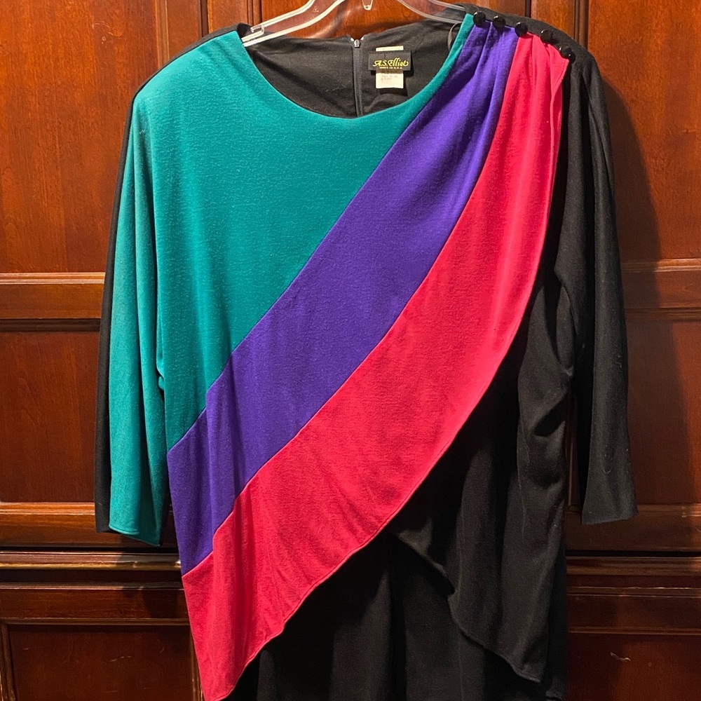 A.S. Elliot black, green, Purple, and Pink Asymmetrical faux drap size 24 tunic